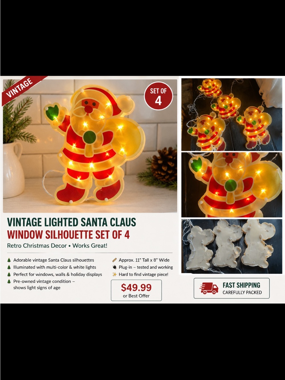 Gund Red and Green Lighted Santa Claus Window Silhouettes - Set of 4